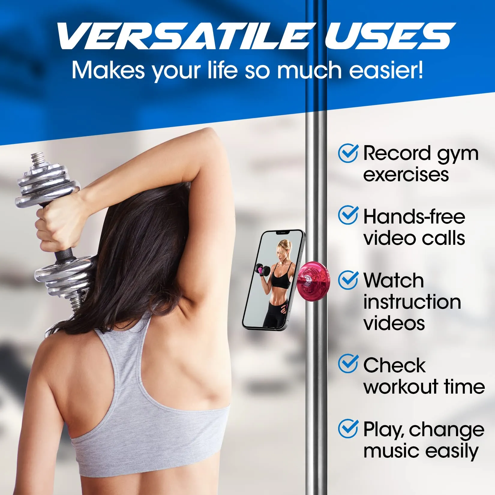 Gym Buddy Magnetic Phone Mount - Easy to Use Magnetic Phone Holder - Magnetic Mount with Magnetic Phone Grip - Gym Magnetic Phone Holder with Double Sided Magnet for All Types of Phone - Pink