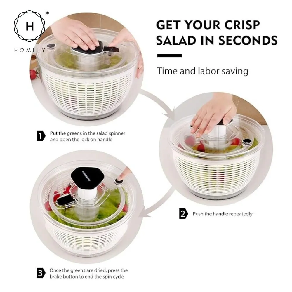 Homlly Press Pump 3 in 1 Multi-Use Vegetable Fruit Salad Spinner Dryer Serve Bowl