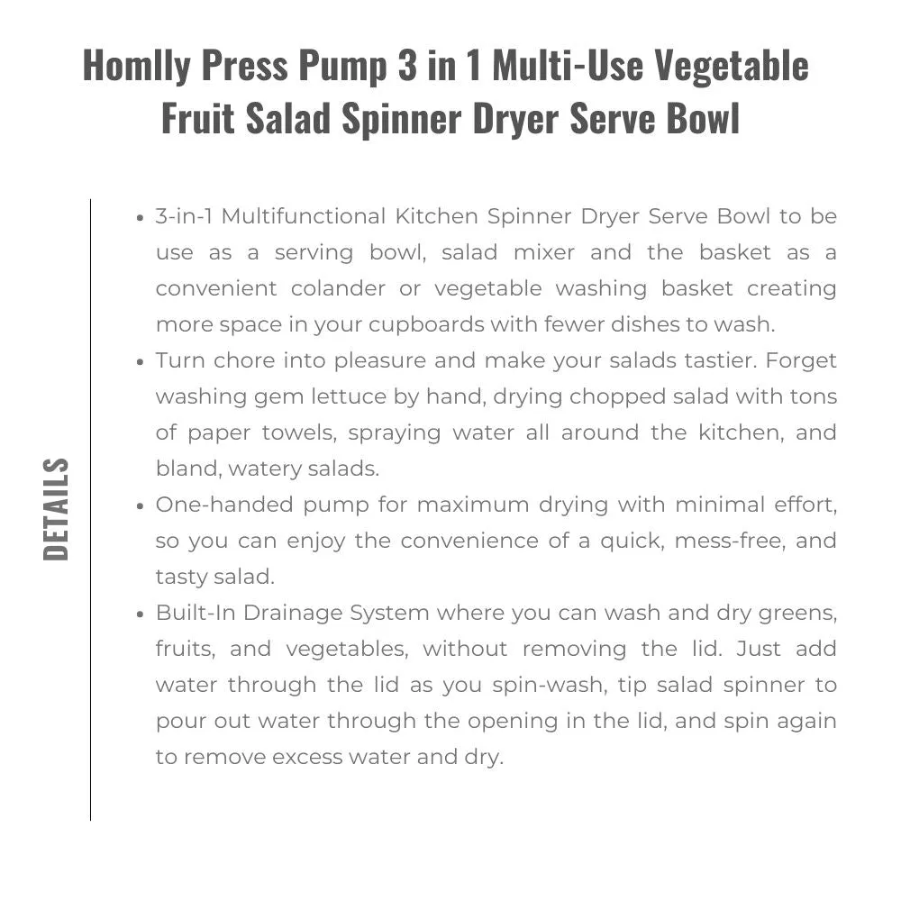Homlly Press Pump 3 in 1 Multi-Use Vegetable Fruit Salad Spinner Dryer Serve Bowl