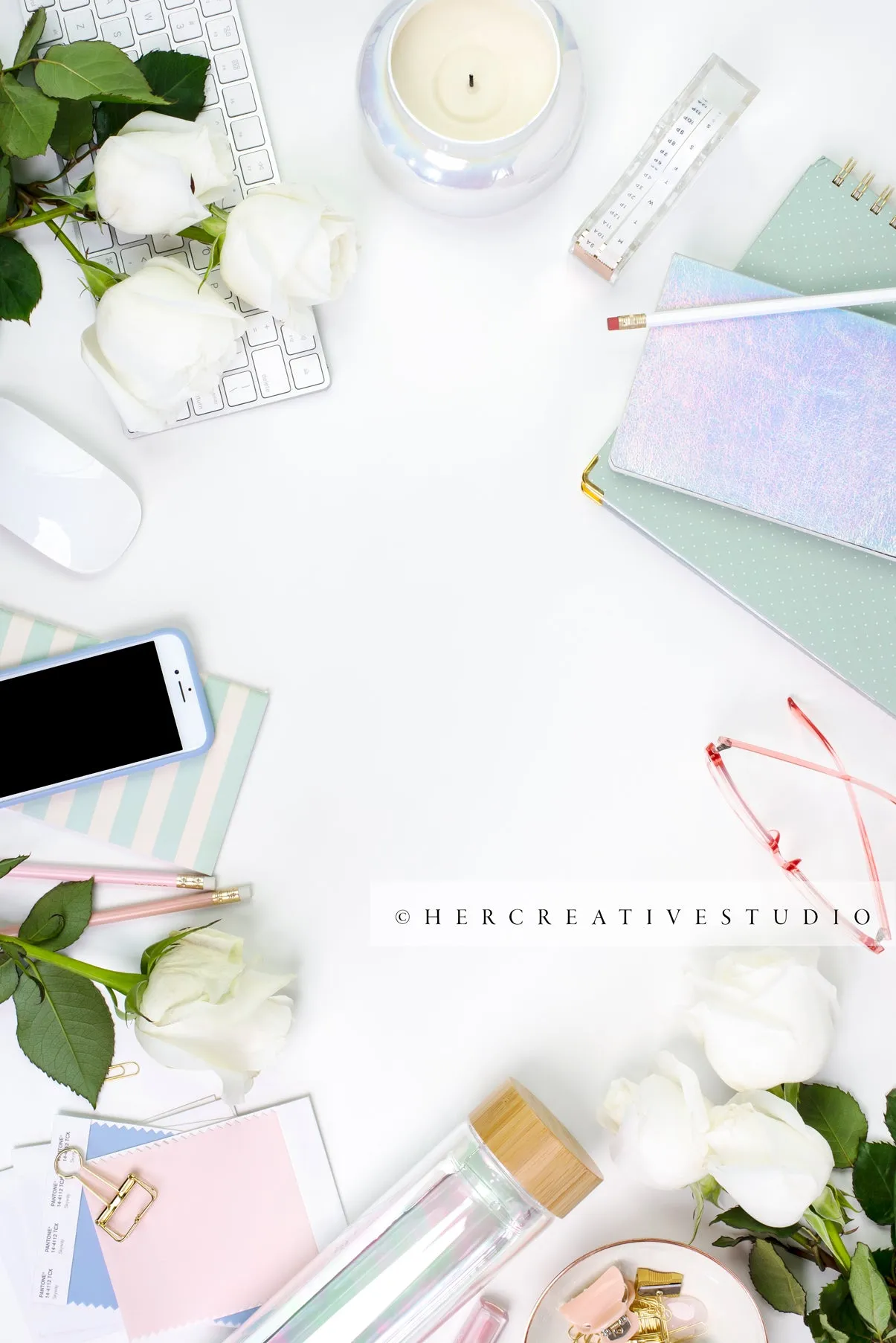 Iridescent Desk Accessories Flatlay