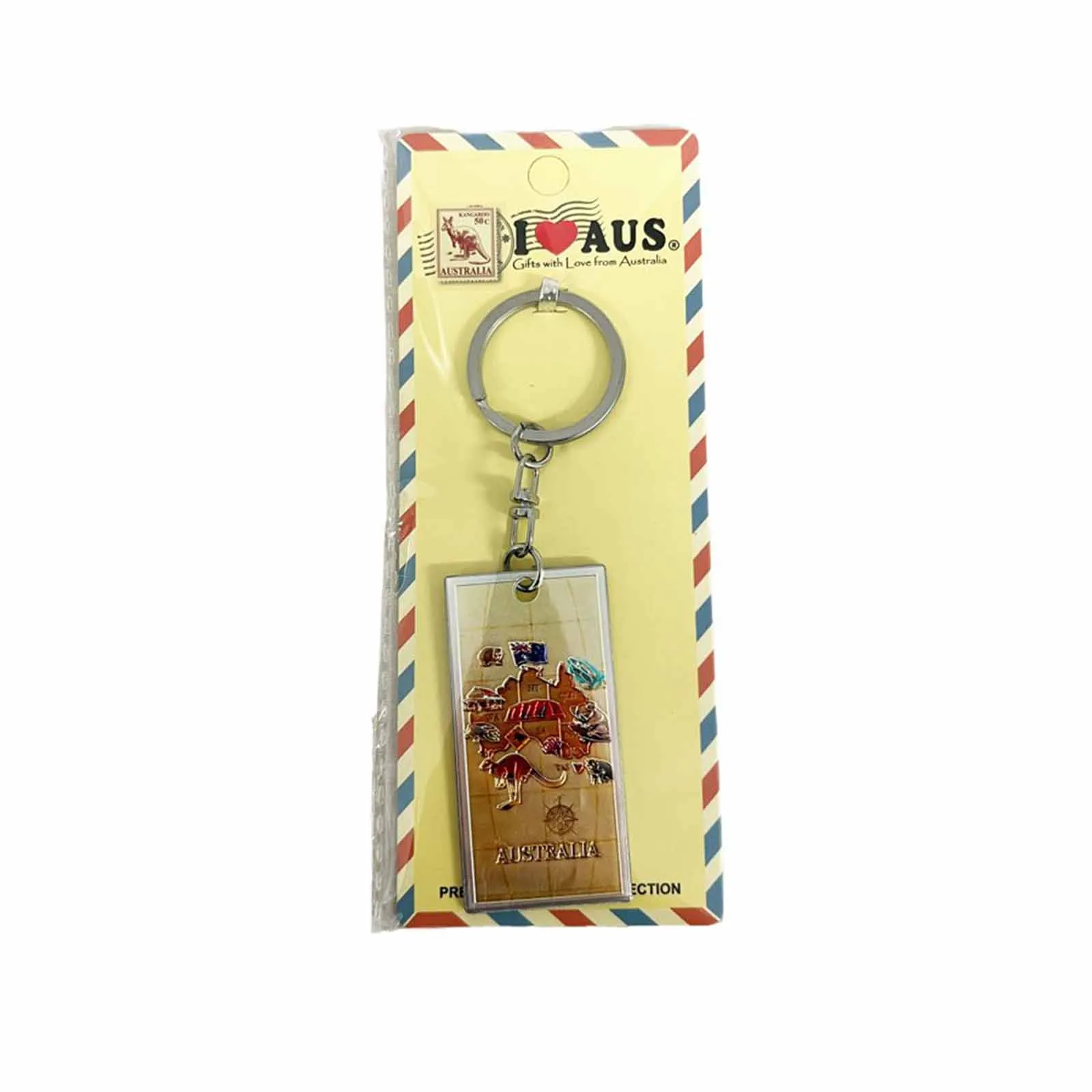 Key Ring Foil Rectangle Australia Map Cream