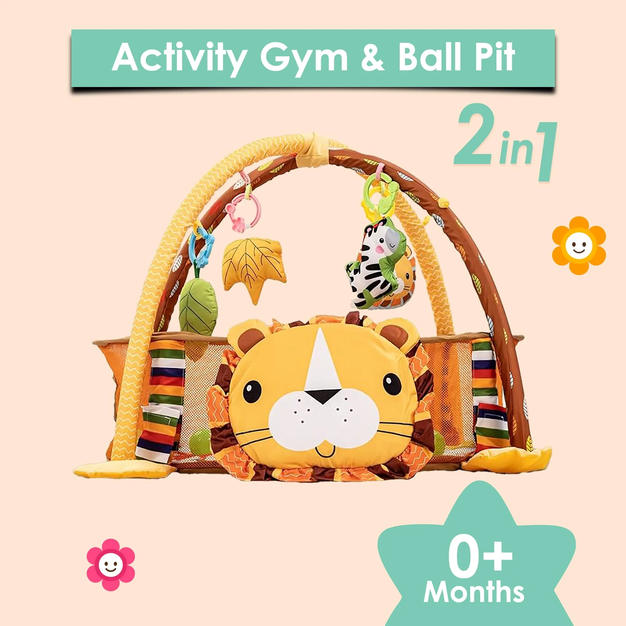 Lion Infant Play Mat Activity Gym With Hanging Toys And Balls - Yellow