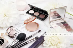 Makeup, Dahlias & Candle, Styled Stock