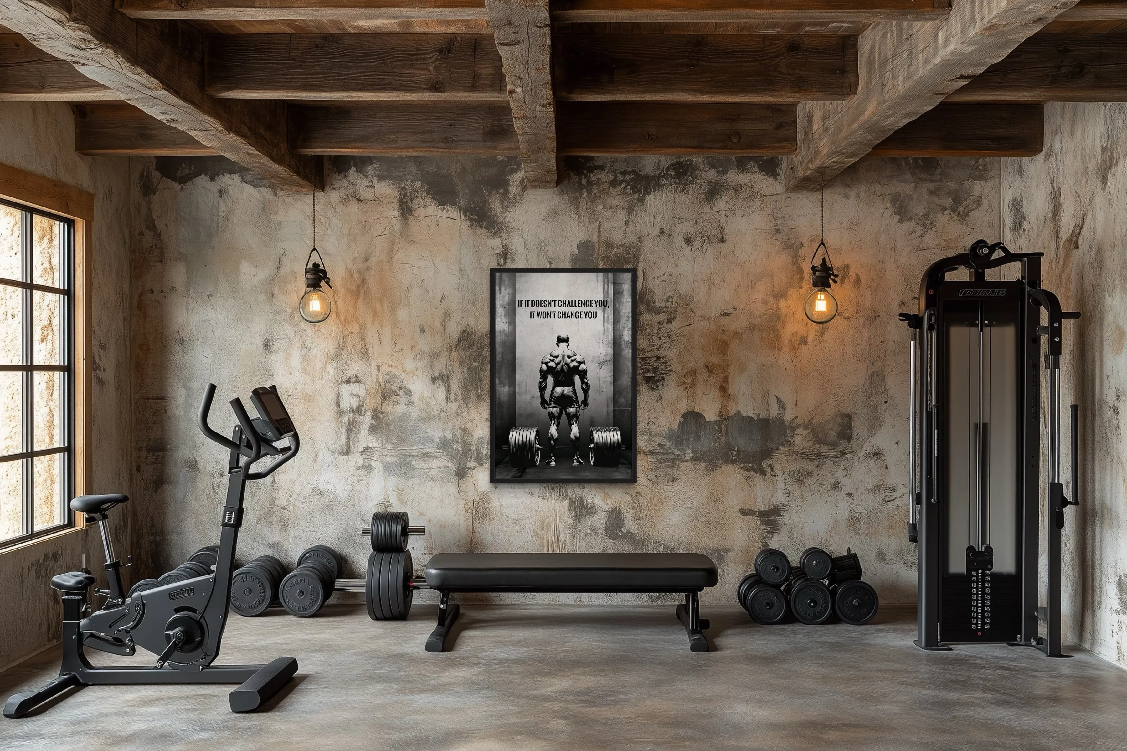 Man With Barbell Motivational Fitness Framed Canvas Wall Art