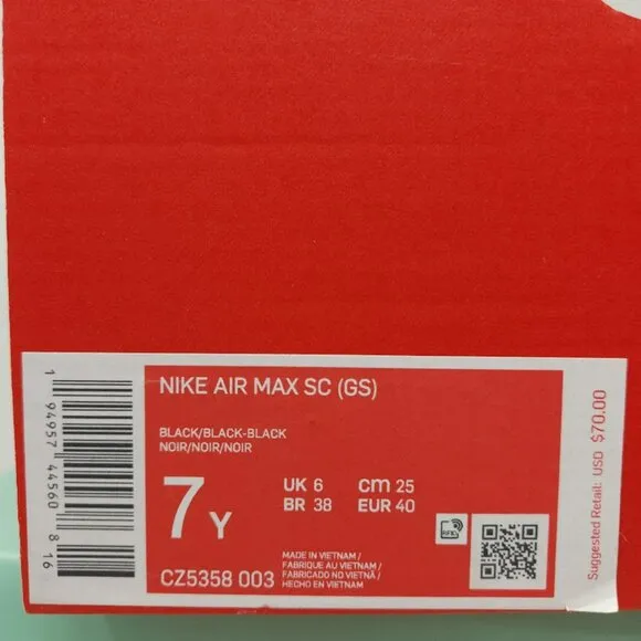 Nike Air Max SC CZ5358 Black Gym Tennis Shoe Sneaker New Size 7Y