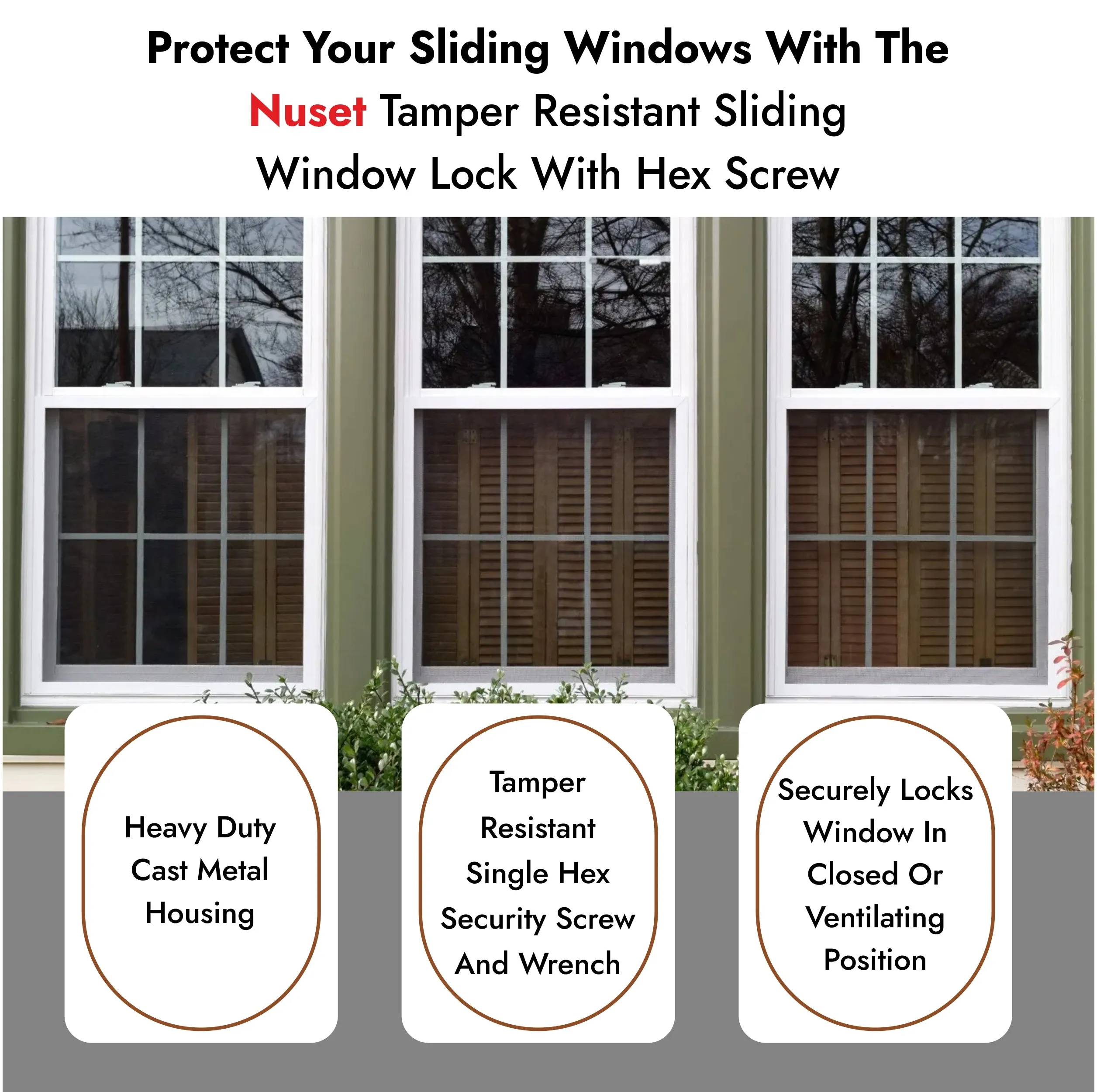 NUSET Tamper Resistant Sliding Window Lock, Hex Screw, White, 1 Pair