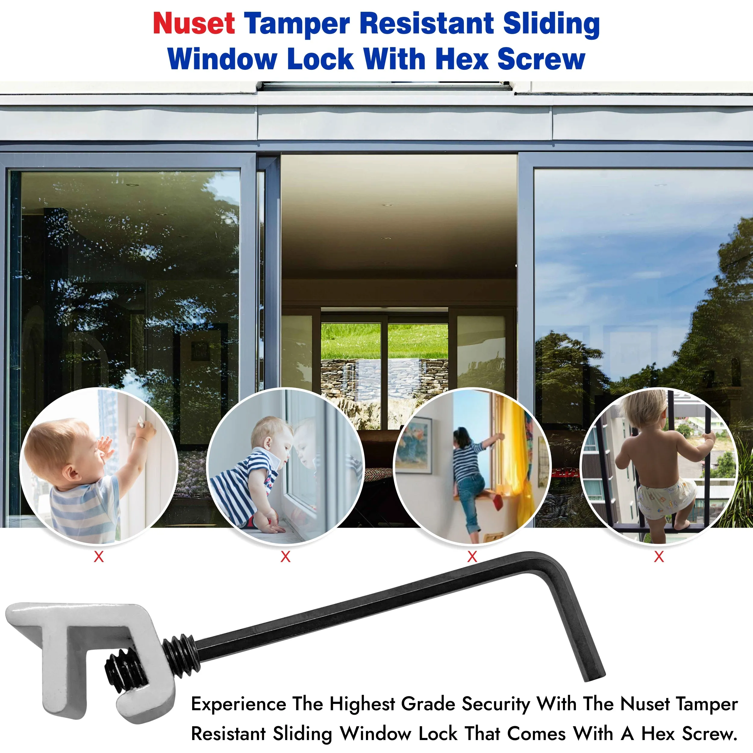 NUSET Tamper Resistant Sliding Window Lock, Hex Screw, White, 1 Pair