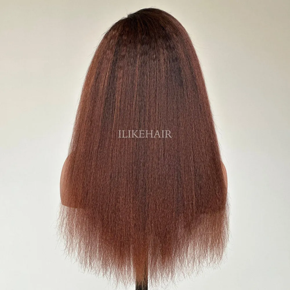 Ombre Brown Kinky Straight With Hybrid Hairline 9x4 HD Lace Glueless Wig