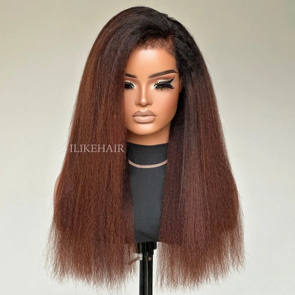 Ombre Brown Kinky Straight With Hybrid Hairline 9x4 HD Lace Glueless Wig