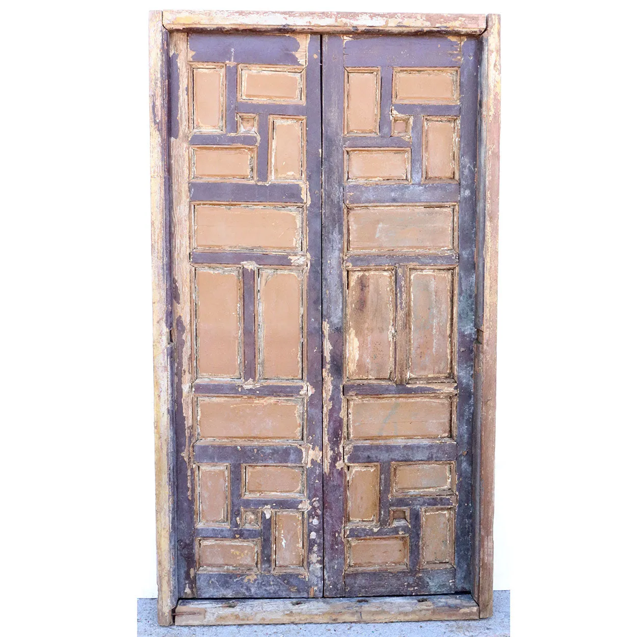 Pair of Spanish Baroque Style Painted Pine Paneled Window Shutters and Frame