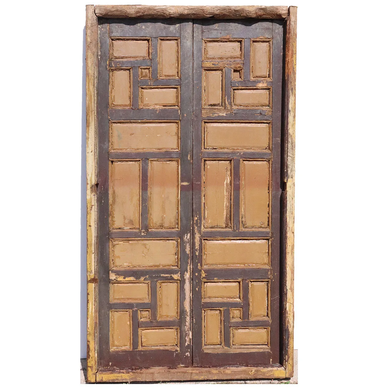 Pair of Spanish Baroque Style Painted Pine Paneled Window Shutters and Frame