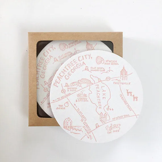 Peachtree City, Georgia Map Letterpress Coasters