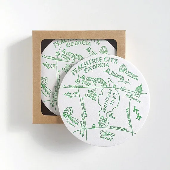 Peachtree City, Georgia Map Letterpress Coasters