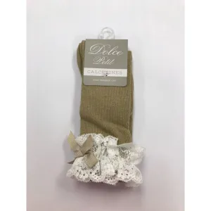 PRE-ORDER Dolce Petit Girls Camel Bow & Lace Knee High Socks 2503-C