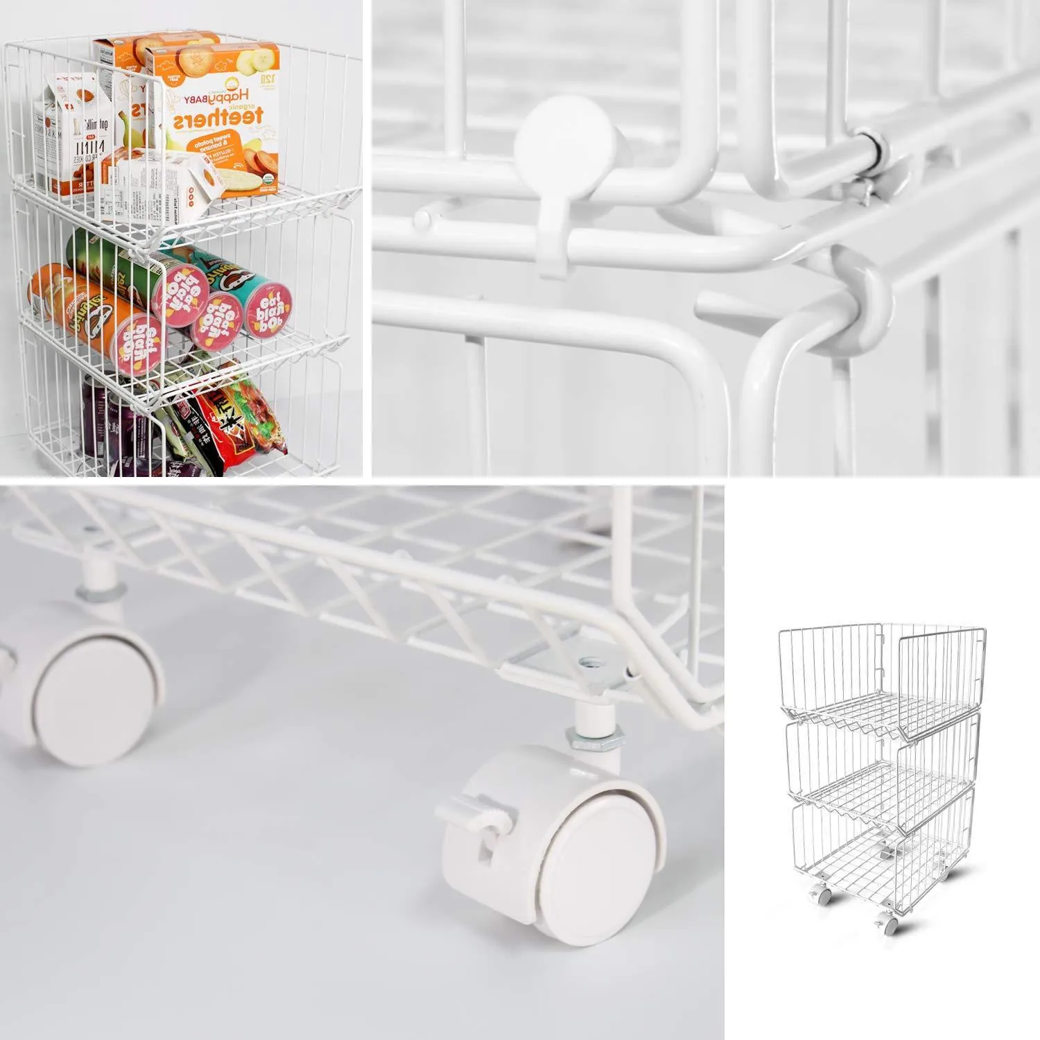 Pup joint Metal Wire Baskets, 3 Tiers Foldable Stackable Rolling Baskets Utility Shelf Unit Storage Organizer Bin with Wheels for Kitchen, Pantry, Closets, Bedrooms, Bathrooms