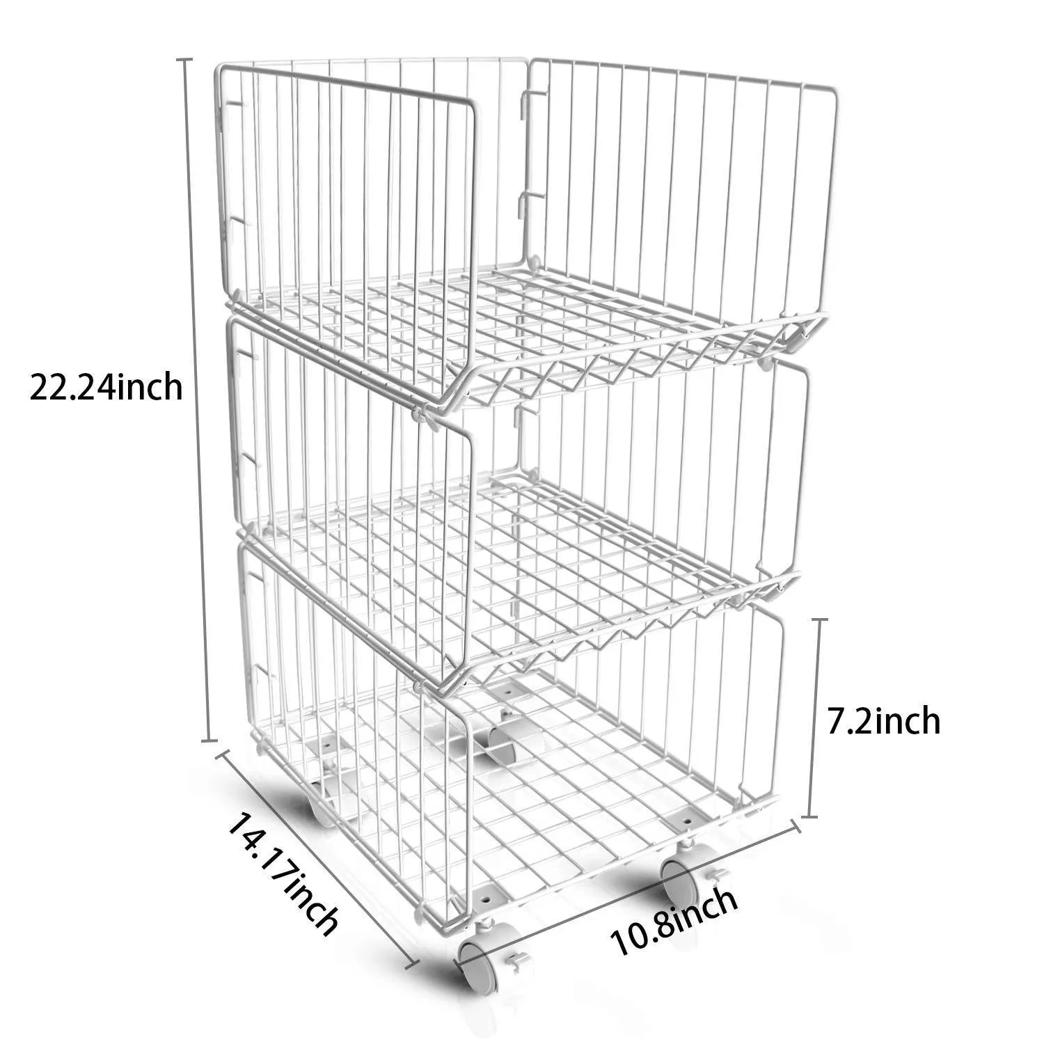 Pup joint Metal Wire Baskets, 3 Tiers Foldable Stackable Rolling Baskets Utility Shelf Unit Storage Organizer Bin with Wheels for Kitchen, Pantry, Closets, Bedrooms, Bathrooms