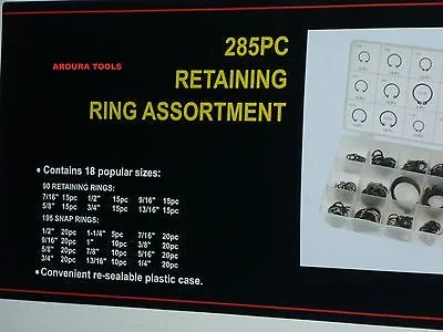 RETAINING RINGS ASSORTMENT KIT 285 pc IN PLASTIC STORAGE CASE- NEW