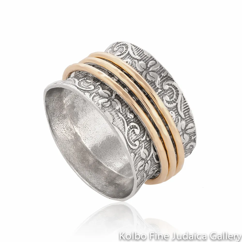 Ring, Wide Sterling Silver Band with Filigree, Three Thin Gold-Filled Spinner Bands