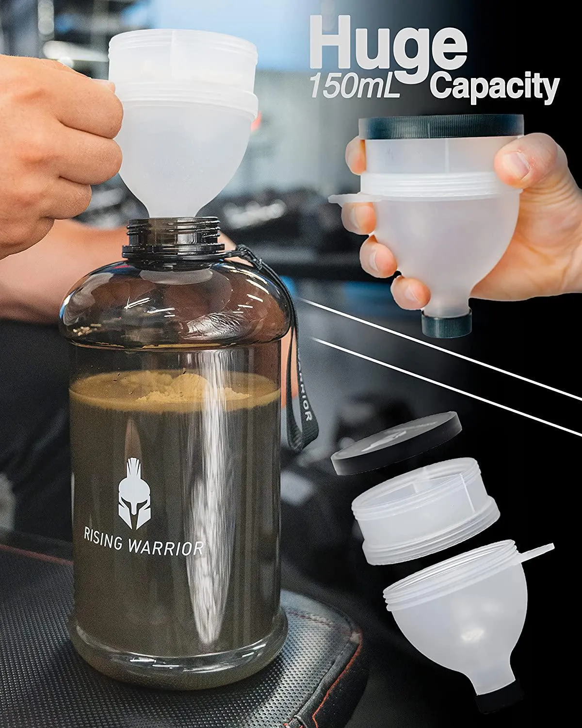 Rising Warrior Portable Supplement Water Bottle Funnel for Gym Powders, Protein Powder Holder BPA Free 150ml Three Compartment Pillbox Storage Pre/Post Workout Protein Powder Funnel