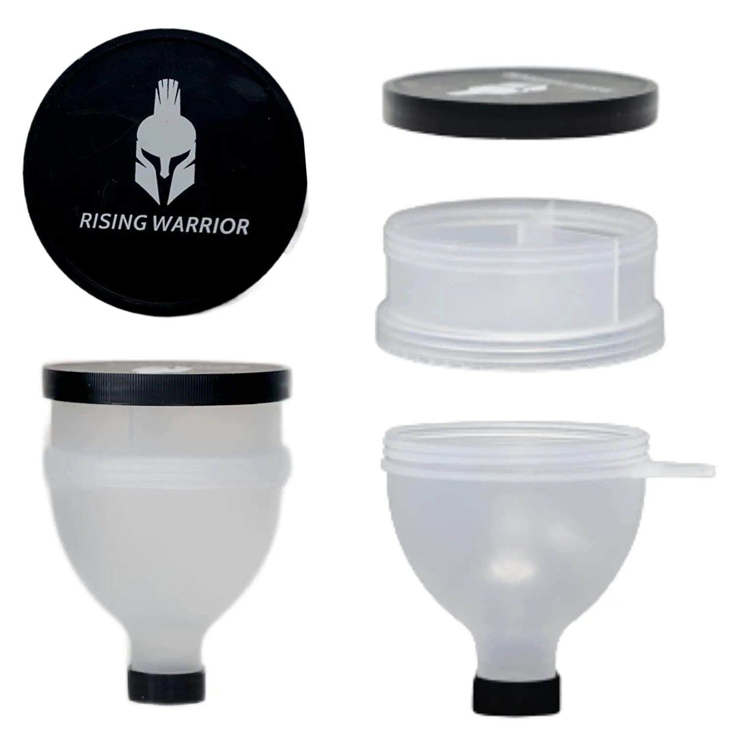 Rising Warrior Portable Supplement Water Bottle Funnel for Gym Powders, Protein Powder Holder BPA Free 150ml Three Compartment Pillbox Storage Pre/Post Workout Protein Powder Funnel