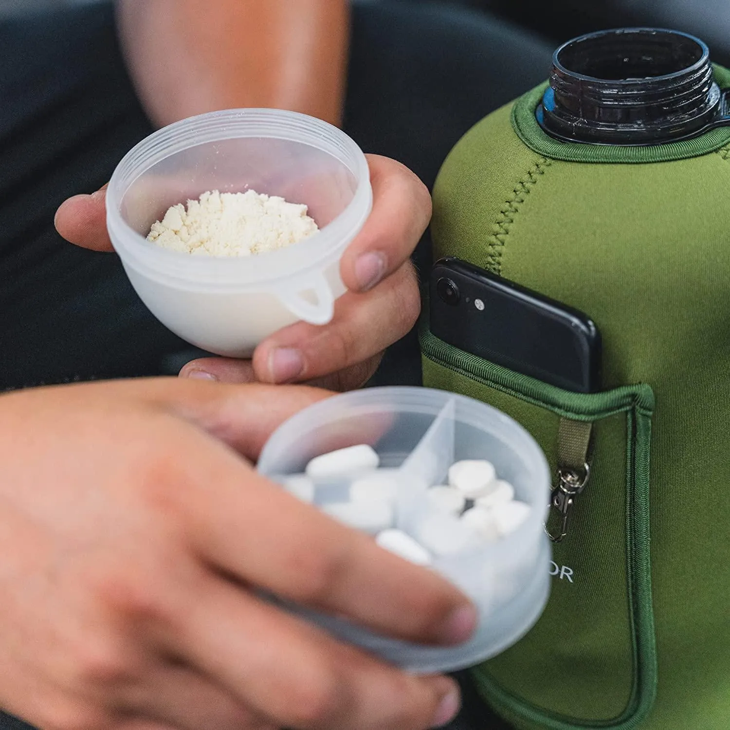 Rising Warrior Portable Supplement Water Bottle Funnel for Gym Powders, Protein Powder Holder BPA Free 150ml Three Compartment Pillbox Storage Pre/Post Workout Protein Powder Funnel