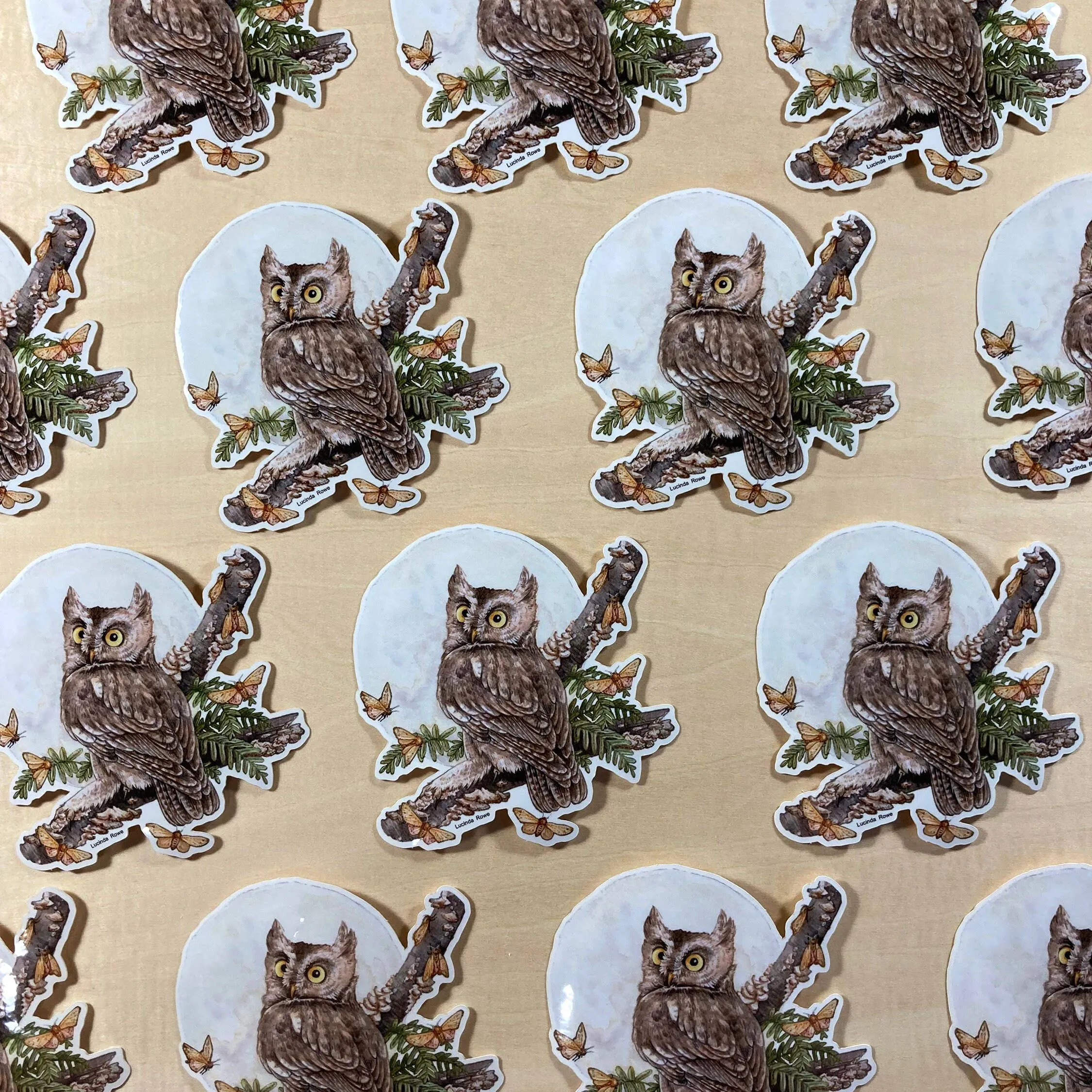 Screech Owl With Moths - Vinyl Sticker