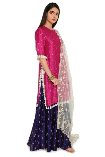 Seyah Pink Colour Bandhani Silk Kurta With Cobalt Blue Bandhani Silk Sharara And Powder Blue Embroidered Organza Dupatta
