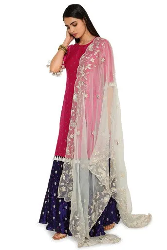 Seyah Pink Colour Bandhani Silk Kurta With Cobalt Blue Bandhani Silk Sharara And Powder Blue Embroidered Organza Dupatta