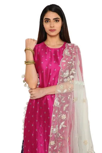 Seyah Pink Colour Bandhani Silk Kurta With Cobalt Blue Bandhani Silk Sharara And Powder Blue Embroidered Organza Dupatta