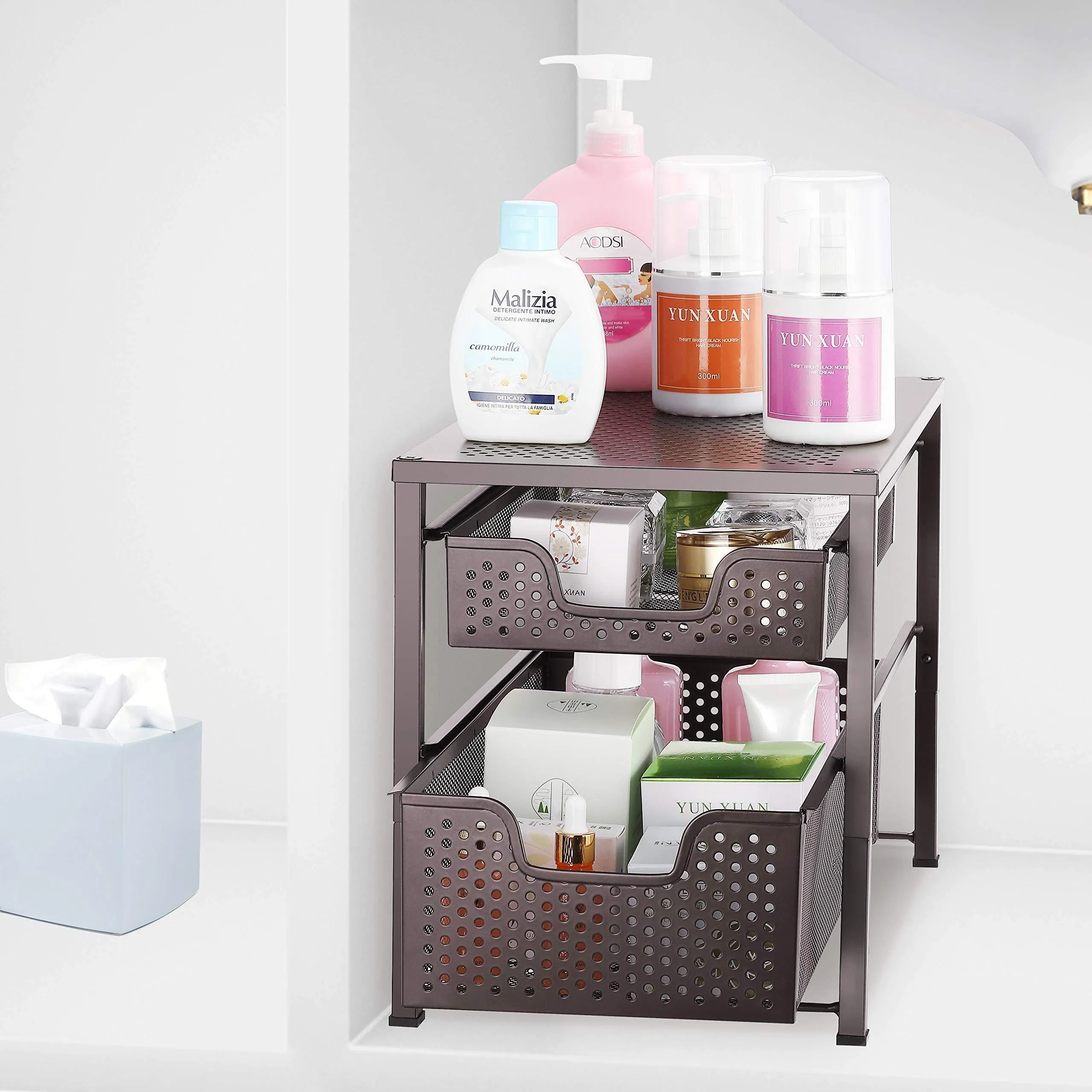 Simple Trending 2-Tier Under Sink Cabinet Organizer with Sliding Storage Drawer, Desktop Organizer for Kitchen Bathroom Office, Stackbale, Bronze