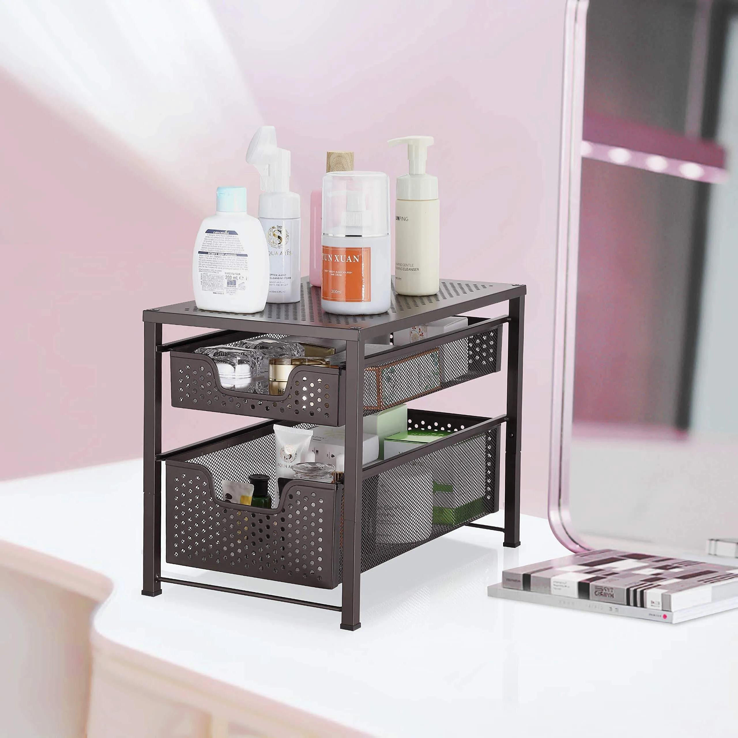 Simple Trending 2-Tier Under Sink Cabinet Organizer with Sliding Storage Drawer, Desktop Organizer for Kitchen Bathroom Office, Stackbale, Bronze
