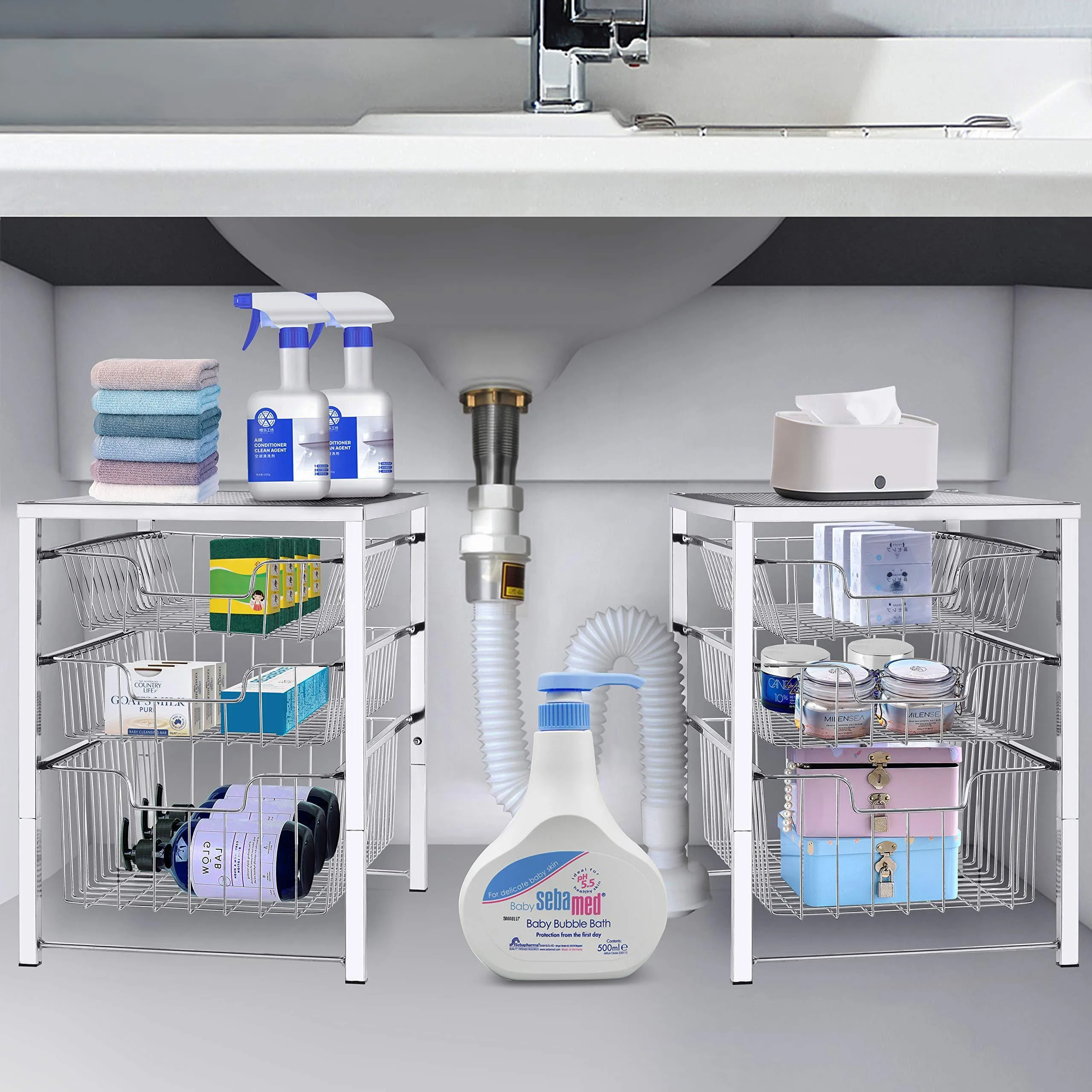 Simple Trending 3-Tier Under Sink Cabinet Organizer with Sliding Storage Drawer, Desktop Organizer for Kitchen Bathroom Office, Stackbale, Chrome