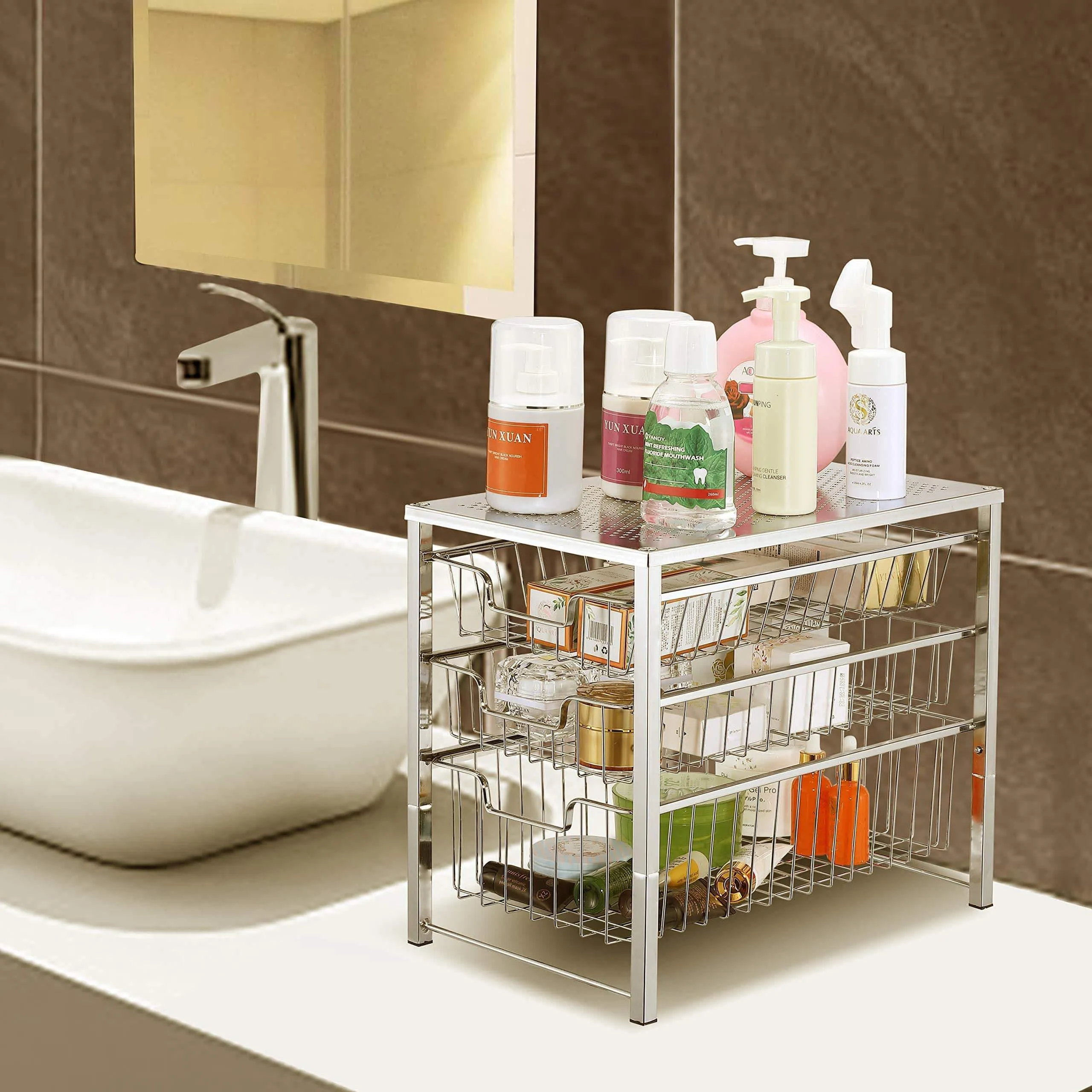 Simple Trending 3-Tier Under Sink Cabinet Organizer with Sliding Storage Drawer, Desktop Organizer for Kitchen Bathroom Office, Stackbale, Chrome