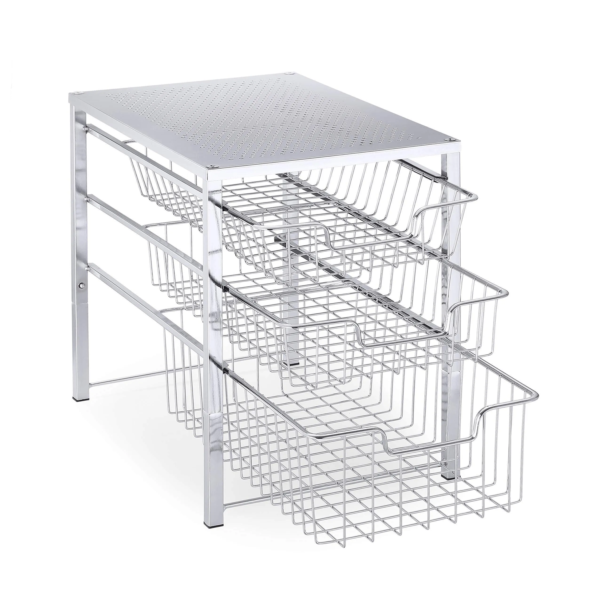 Simple Trending 3-Tier Under Sink Cabinet Organizer with Sliding Storage Drawer, Desktop Organizer for Kitchen Bathroom Office, Stackbale, Chrome