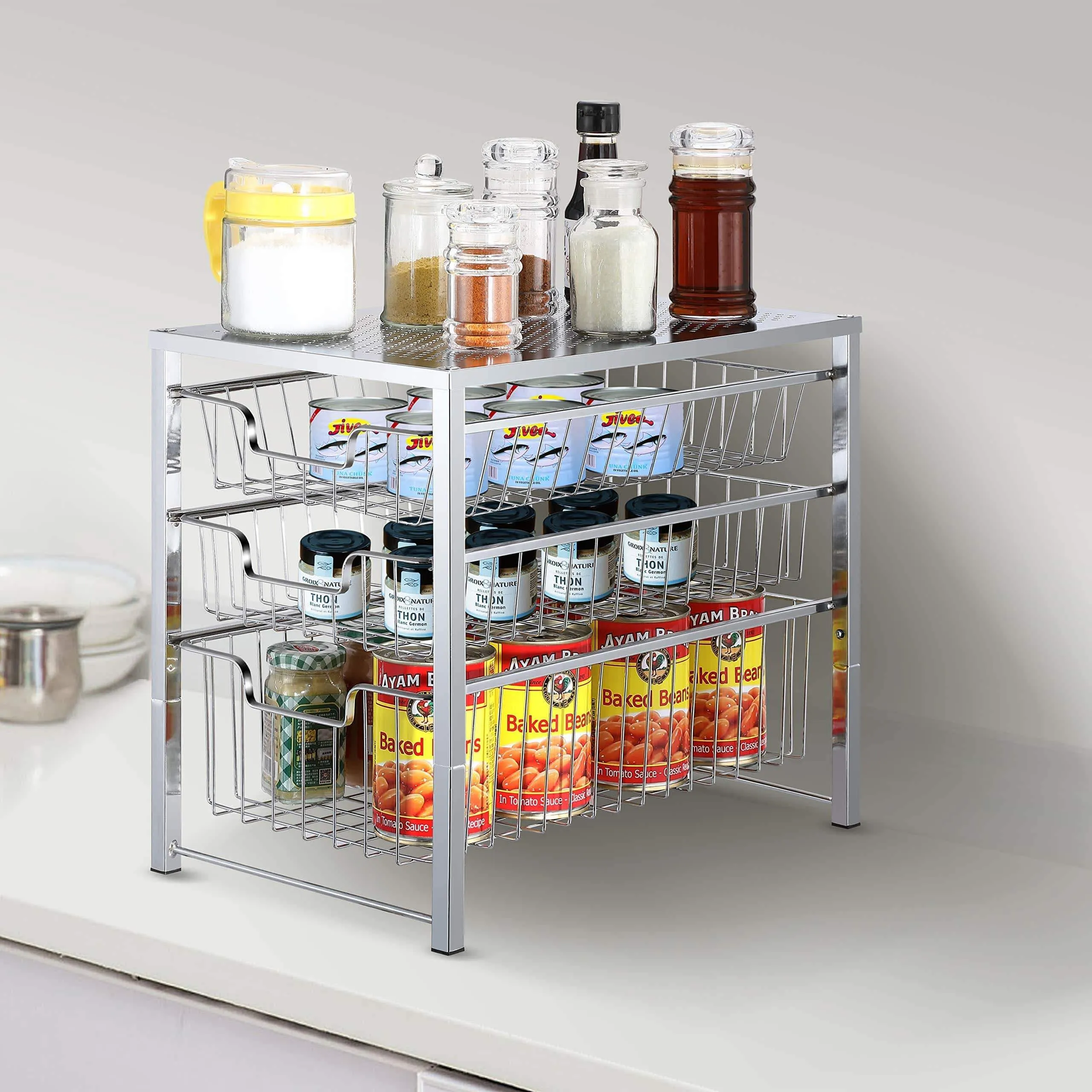 Simple Trending 3-Tier Under Sink Cabinet Organizer with Sliding Storage Drawer, Desktop Organizer for Kitchen Bathroom Office, Stackbale, Chrome