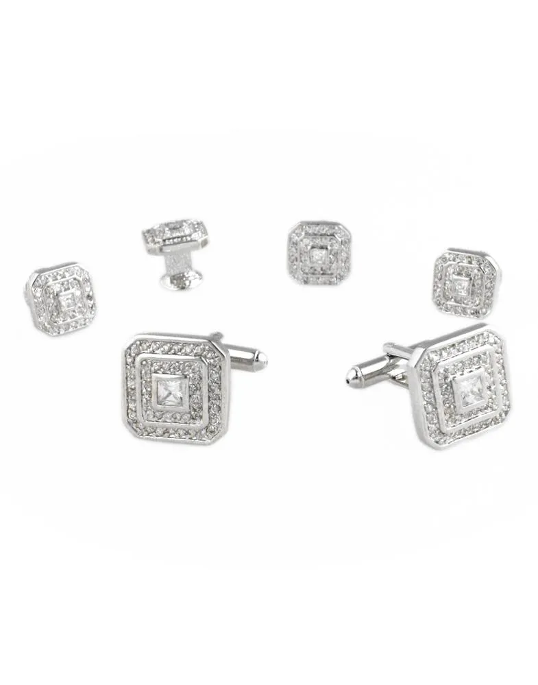 Square CZ with Silver Trim Studs and Cufflinks Set
