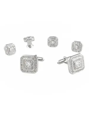 Square CZ with Silver Trim Studs and Cufflinks Set