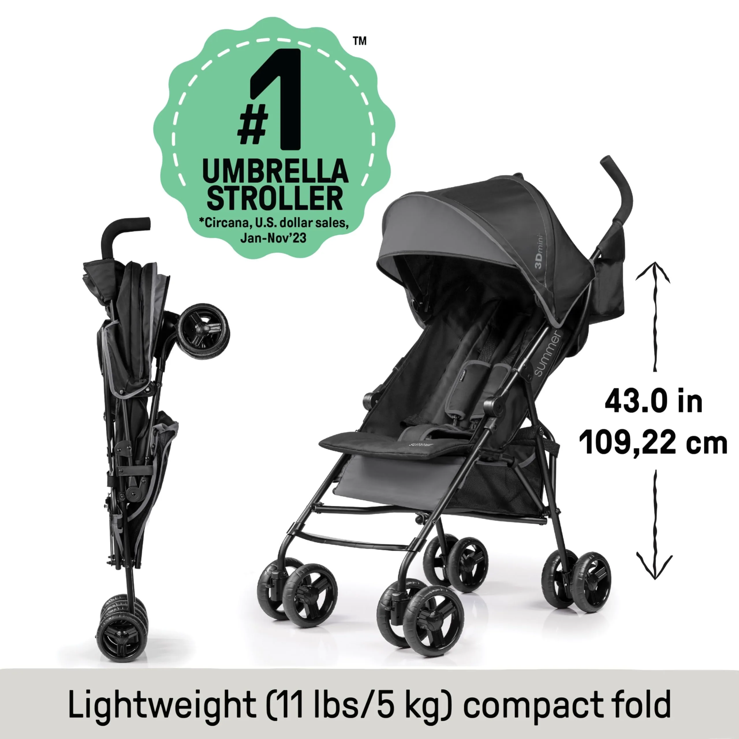 Summer by Ingenuity 3D Mini Convenience Stroller – Lightweight Stroller with Compact Fold, Multi-Position Recline, Canopy with Pop Out Sun Visor – Umbrella Stroller for Travel & More, Blue/Black