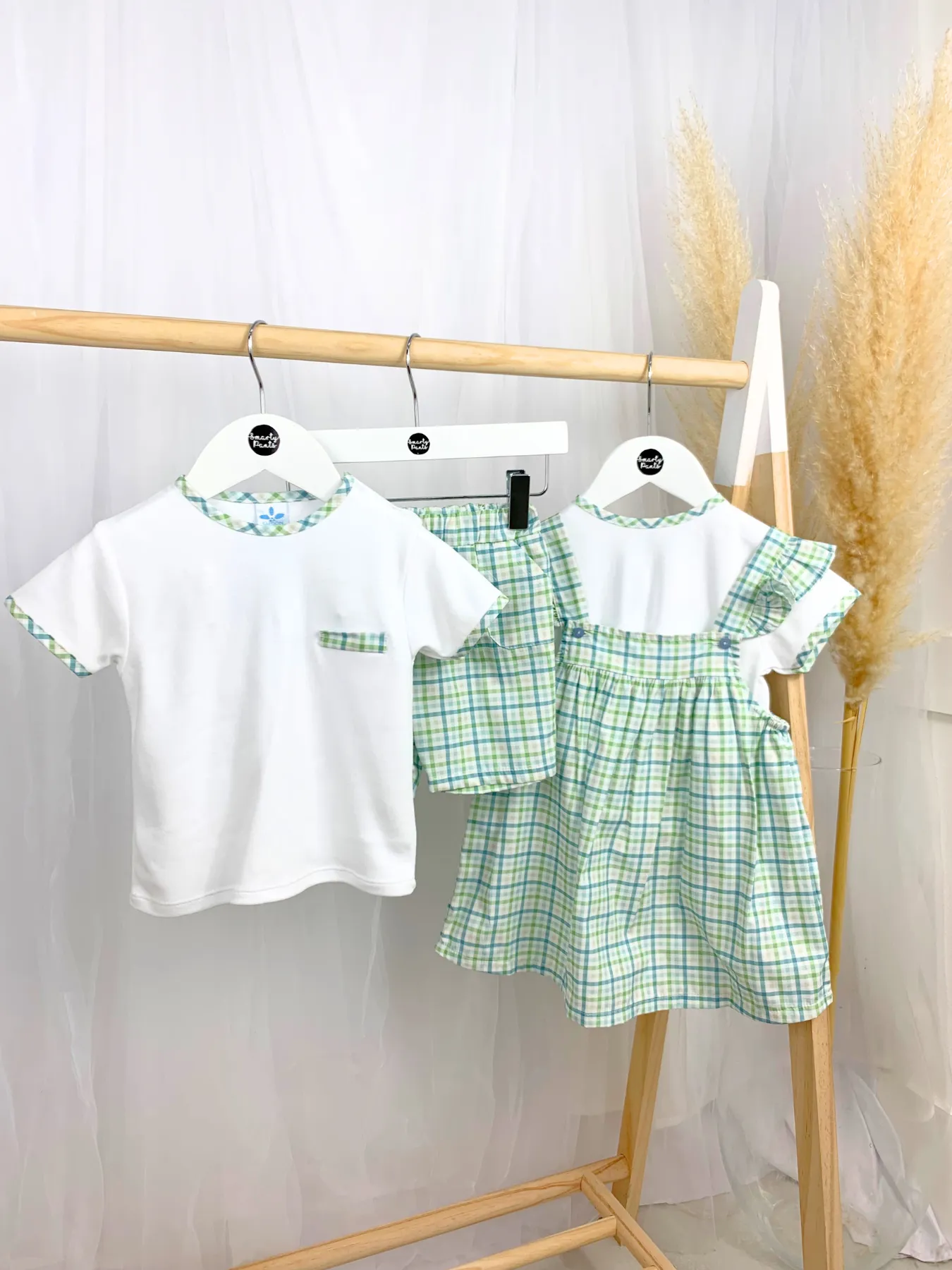 Toddler Girl White & Green Checked Pinafore Dress