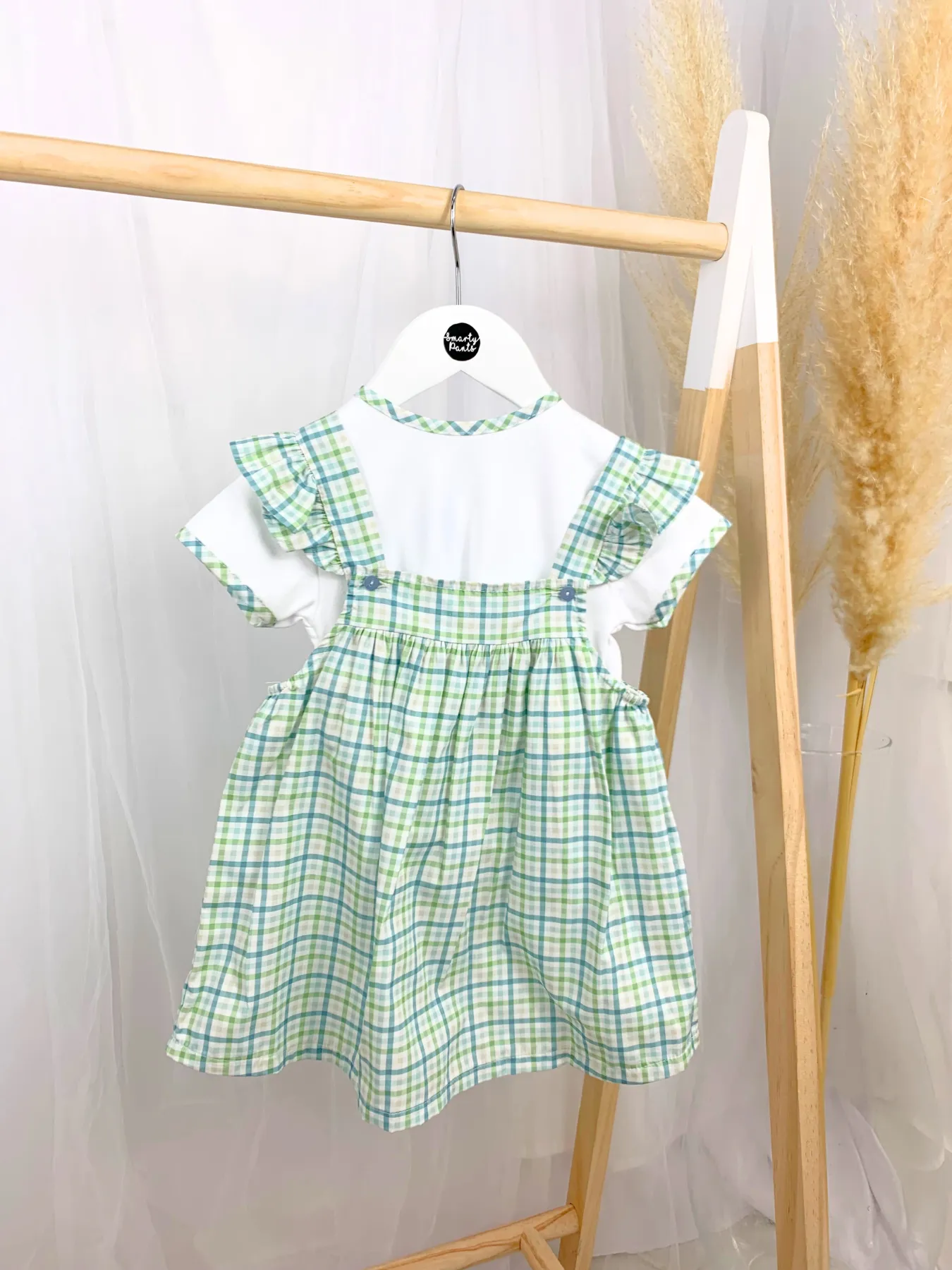 Toddler Girl White & Green Checked Pinafore Dress