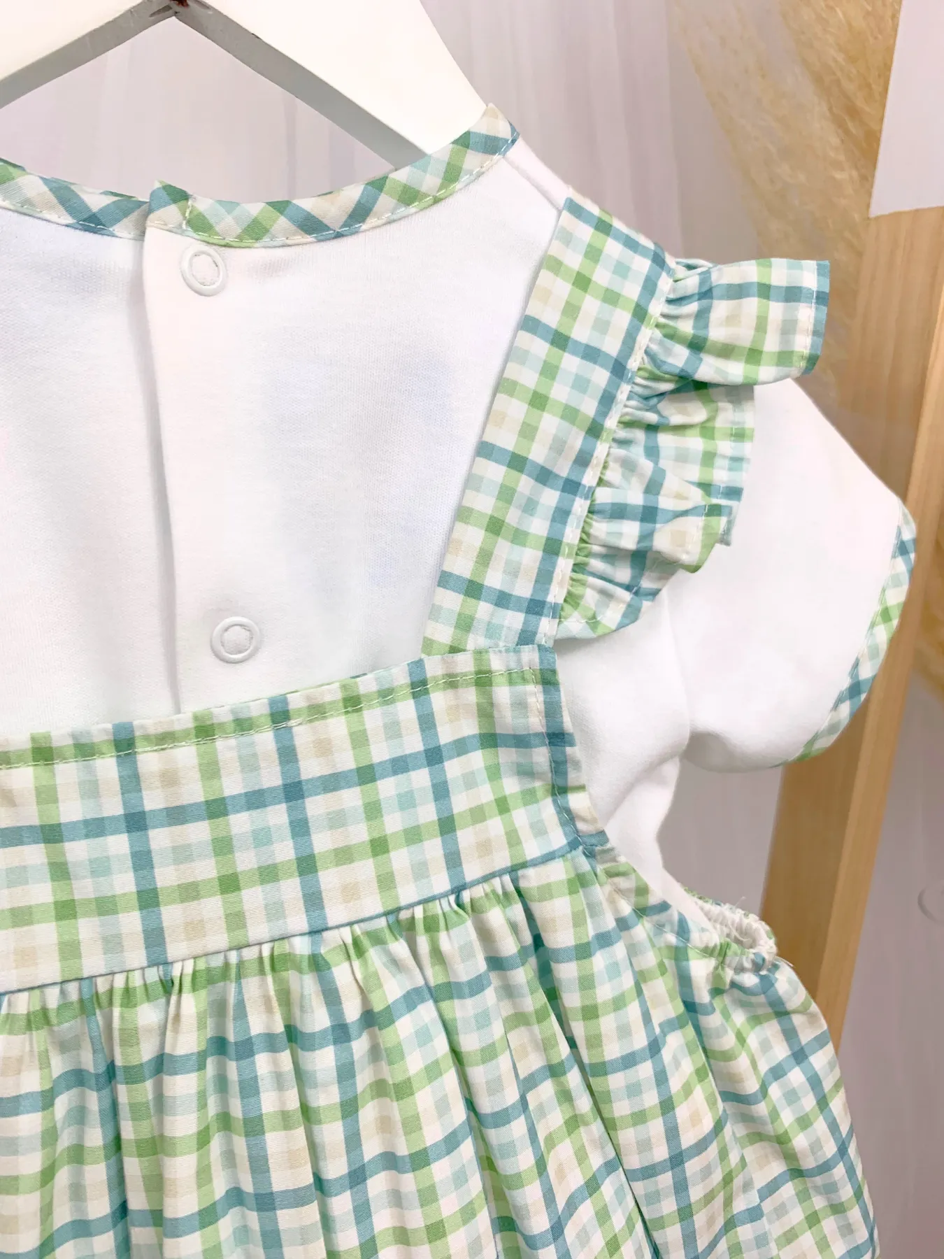 Toddler Girl White & Green Checked Pinafore Dress