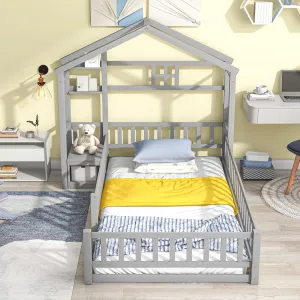 Twin Size Pine Wood Kids House-Shaped Floor Bed Frame with Fence