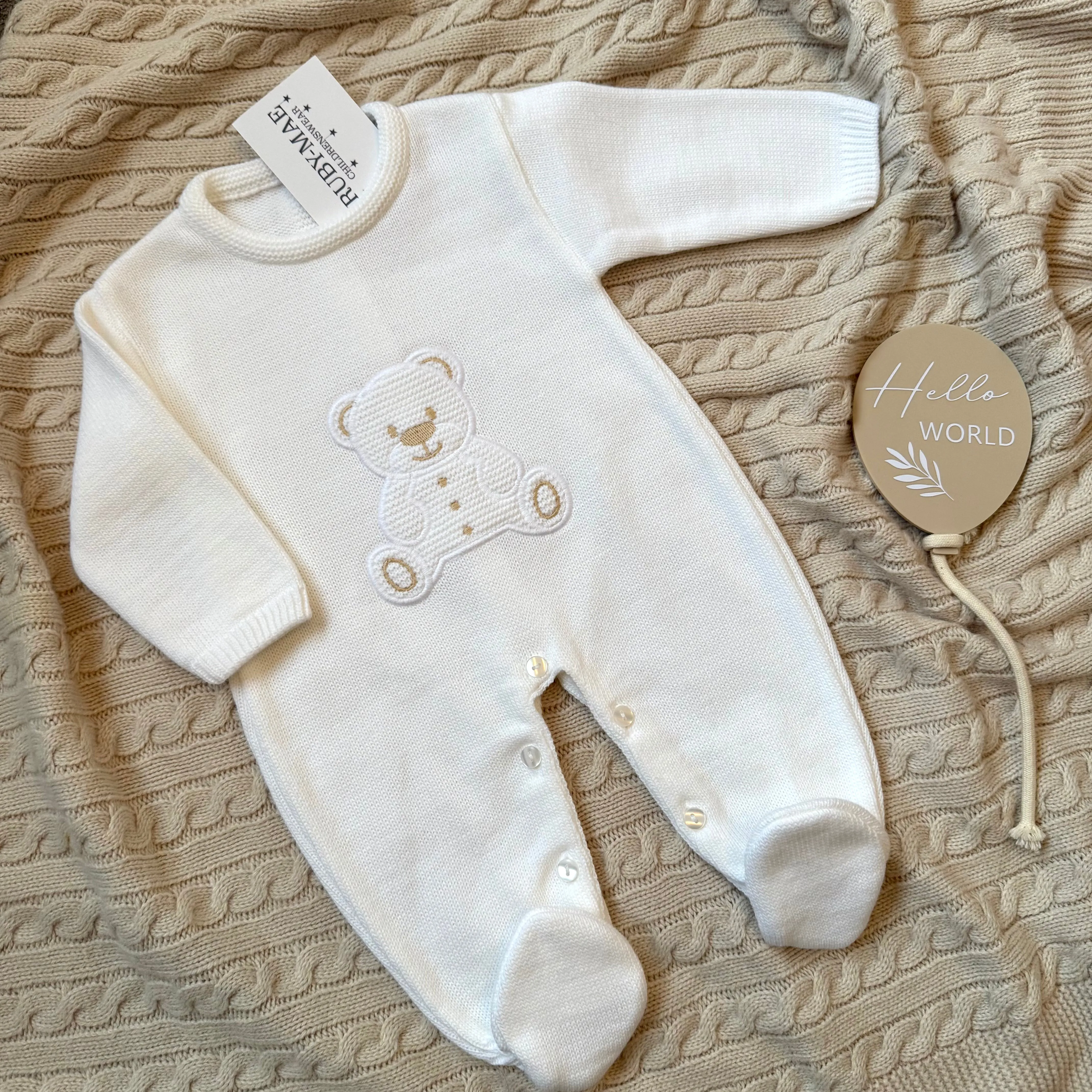 White Knitted Teddy All In One - UNISEX