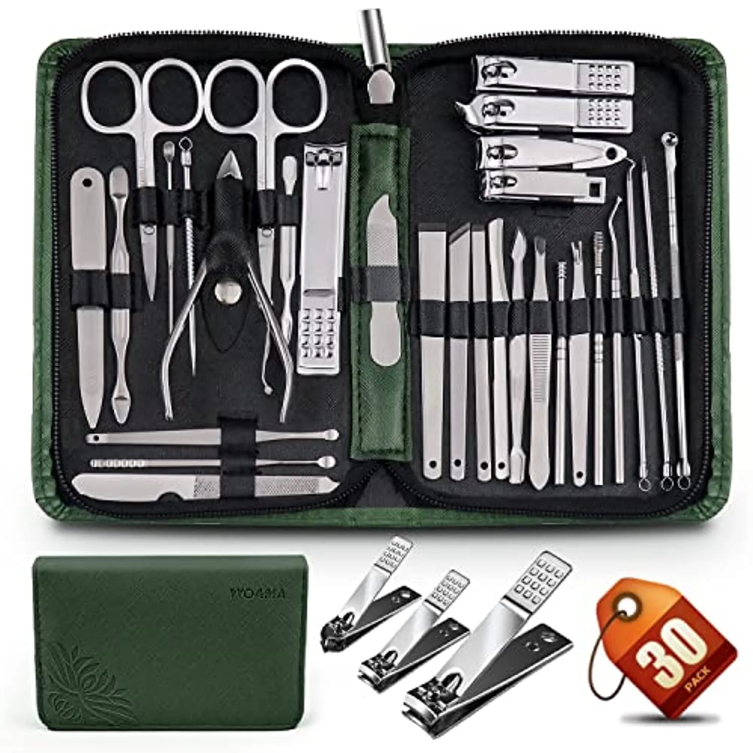 WOAMA 30-piece Manicure Set Professional, Nail Clipper Set Manicure Kit Stainless Steel Nail Care Kit with Case [Silver-Green Bag]