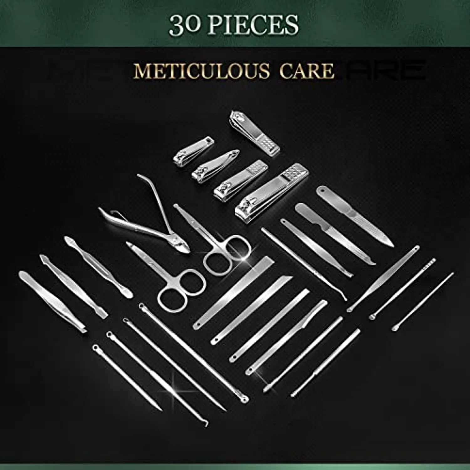 WOAMA 30-piece Manicure Set Professional, Nail Clipper Set Manicure Kit Stainless Steel Nail Care Kit with Case [Silver-Green Bag]