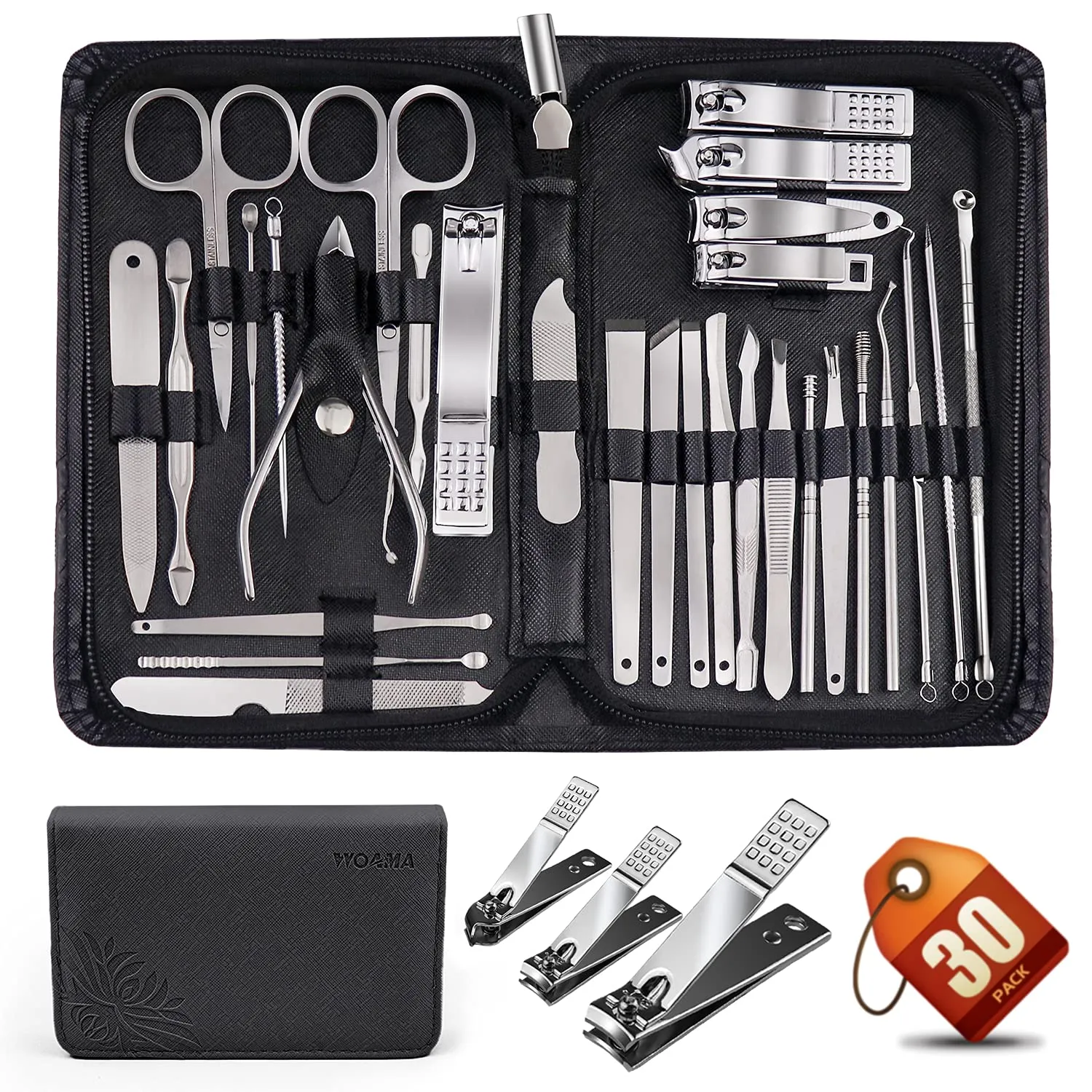 WOAMA 30-piece Manicure Set Professional, Nail Clipper Set Manicure Kit Stainless Steel Nail Care Kit with Case [Silver-Green Bag]