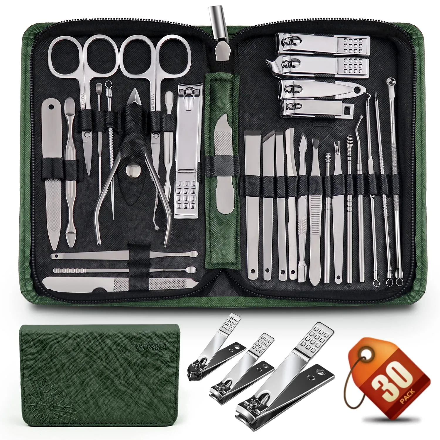 WOAMA 30-piece Manicure Set Professional, Nail Clipper Set Manicure Kit Stainless Steel Nail Care Kit with Case [Silver-Green Bag]