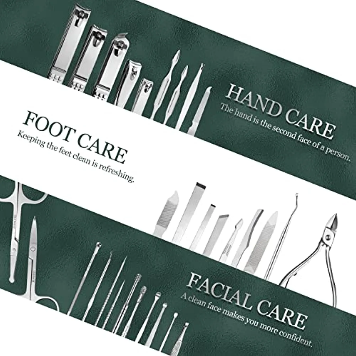 WOAMA 30-piece Manicure Set Professional, Nail Clipper Set Manicure Kit Stainless Steel Nail Care Kit with Case [Silver-Green Bag]