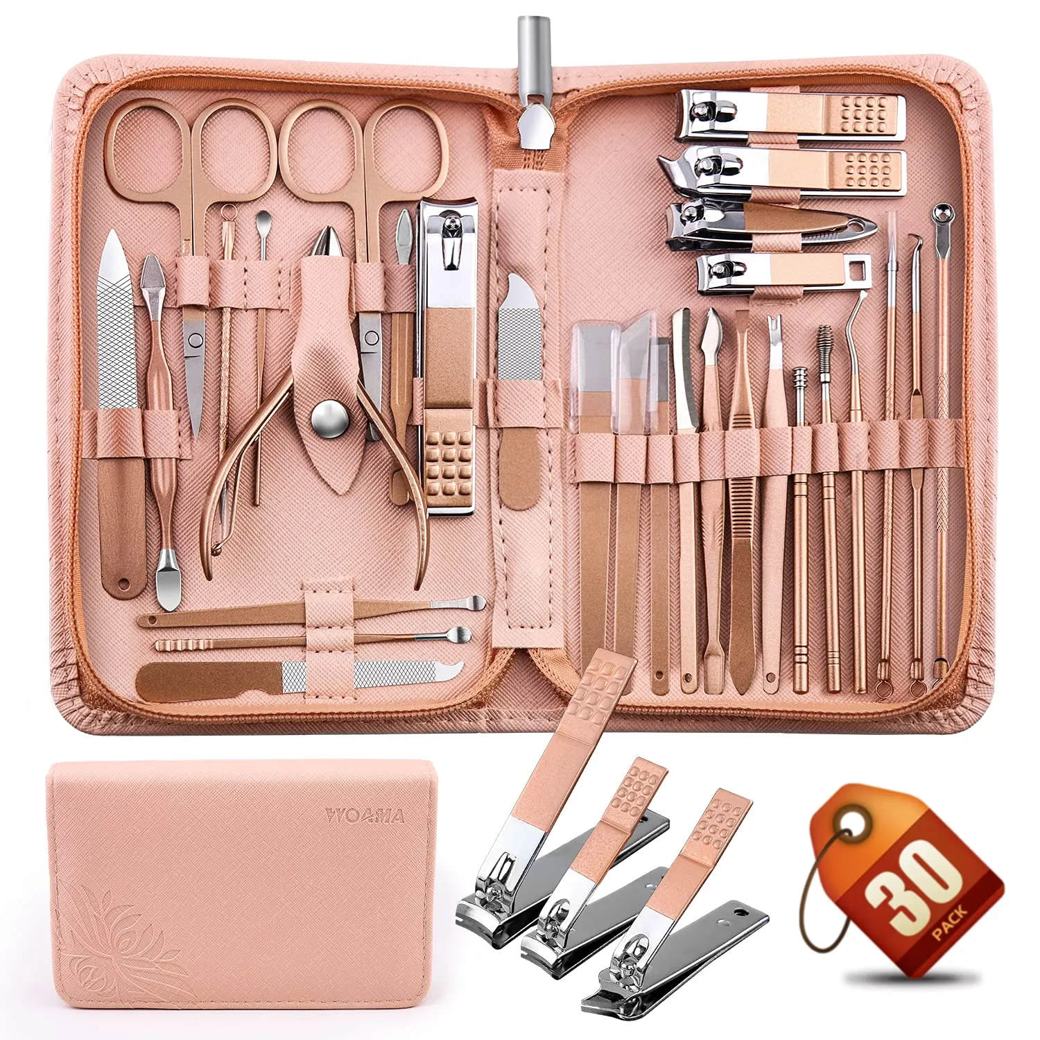 WOAMA 30-piece Manicure Set Professional, Nail Clipper Set Manicure Kit Stainless Steel Nail Care Kit with Case [Silver-Green Bag]