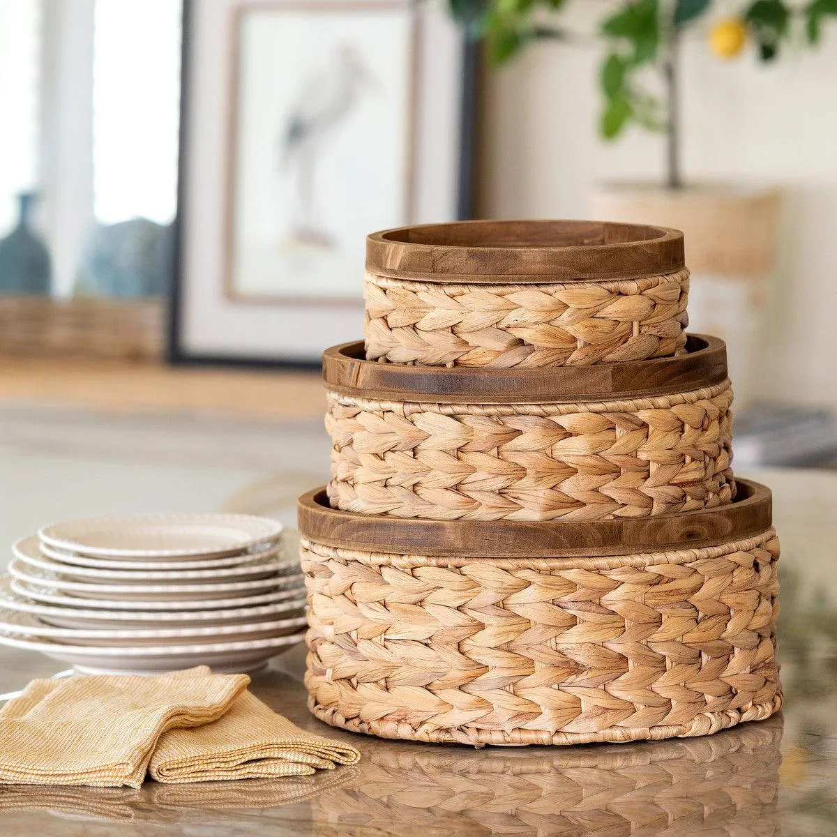 Woven Water Hyacinth Round Storage Basket, Set of 3